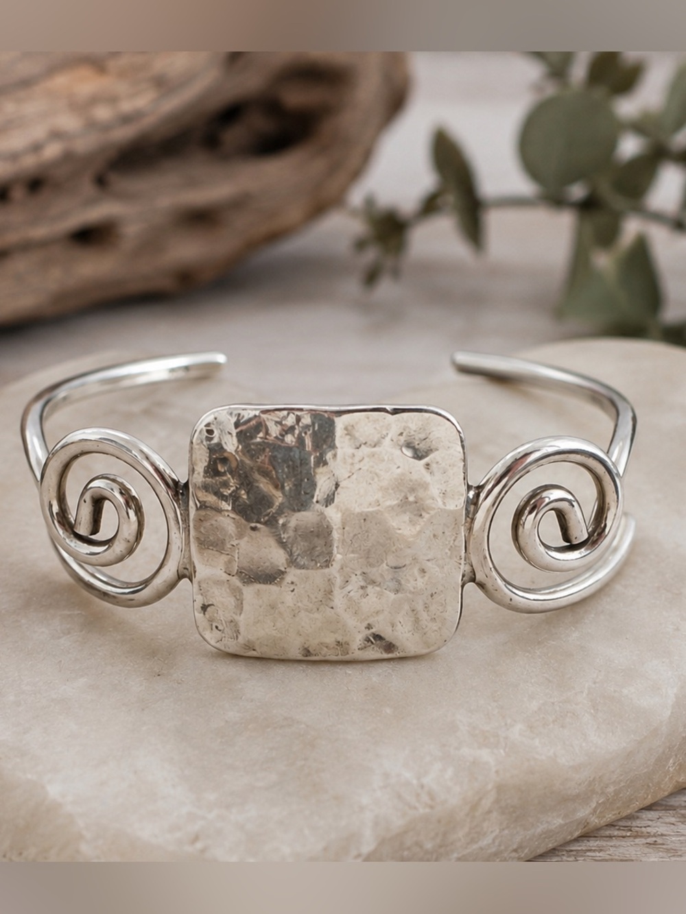 Sterling-Tone Hammered Square Cuff Bracelet with Swirl Accents - Silver